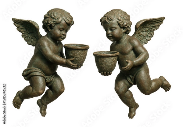 Fototapeta A pair of cast iron cherub statues for a cottage's front garden, each holding a small flower pot.