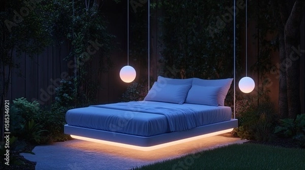 Fototapeta Gowing garden bed with hanging lights and illuminated frame

