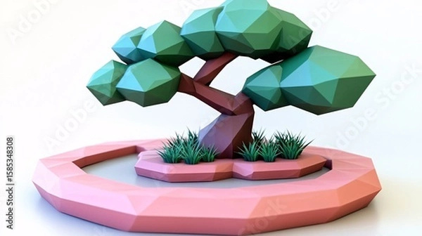 Fototapeta Low-poly bonsai tree on platform in modern style

