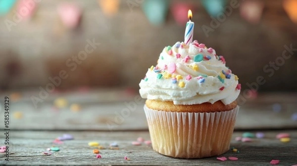 Fototapeta Colorful birthday cupcake with sprinkles and lit candle on rustic wooden table background, festive celebration dessert concept




