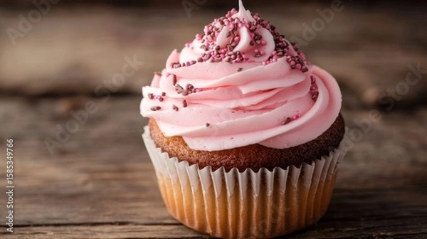 Fototapeta Colorful birthday cupcake with swirl frosting and candle on rustic wooden table




