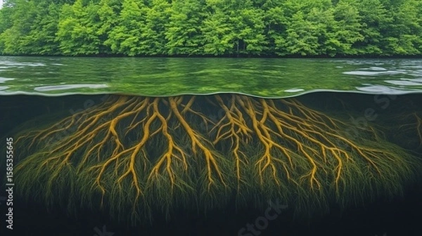 Fototapeta Tree root system extending deep beside water

