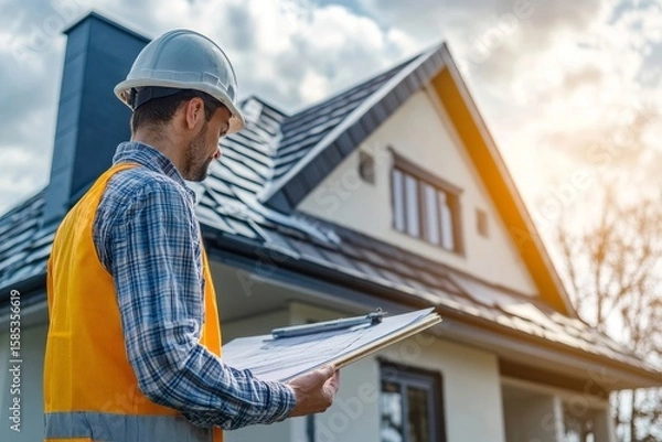 Obraz Property inspection consultancy, construction inspector checking a house for defects on behalf of a client before final approval, Generative AI