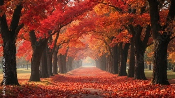 Fototapeta Scenic autumn pathway with vibrant red and orange foliage forming a colorful tunnel of trees.
