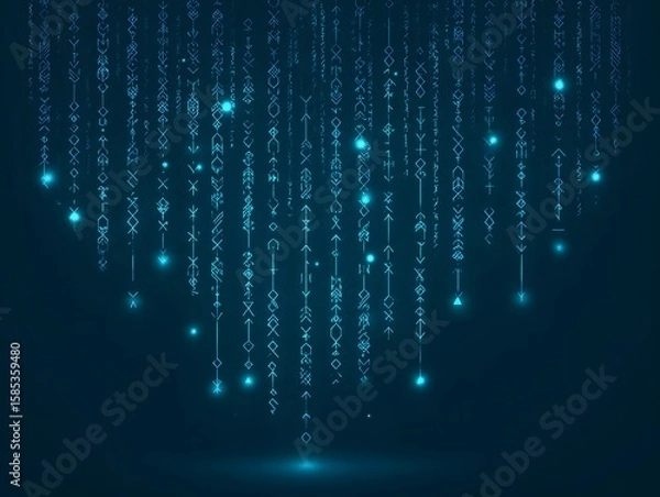 Obraz Digital Rain: An artistic interpretation of a digital downpour, with glowing blue binary code cascading against a dark backdrop, visualizing data and technology.