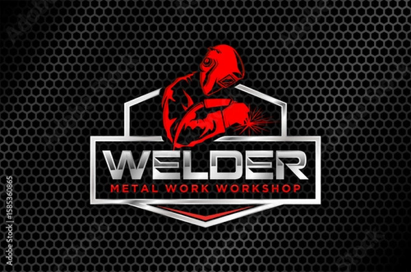 Fototapeta Professional logo design for a metal work workshop.  Features a welder at work. Vector illustration.