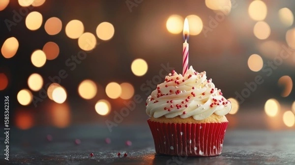 Fototapeta Festive birthday cupcake with lit candle and colorful frosting against warm bokeh lights background, celebration concept




