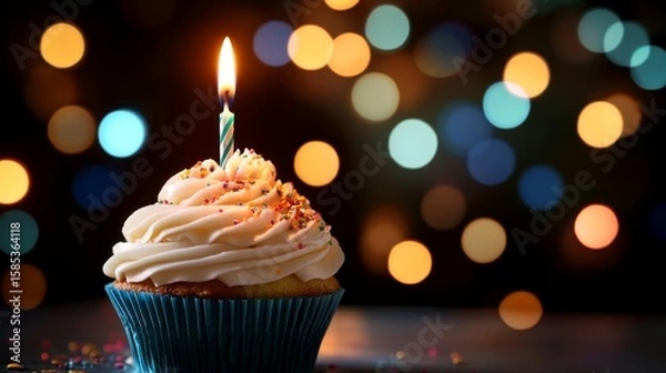 Fototapeta Festive birthday cupcake with lit candle and colorful frosting against warm bokeh lights background, celebration concept




