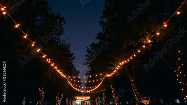 Fototapeta Night scene of trees decorated with string lights creating a pathway