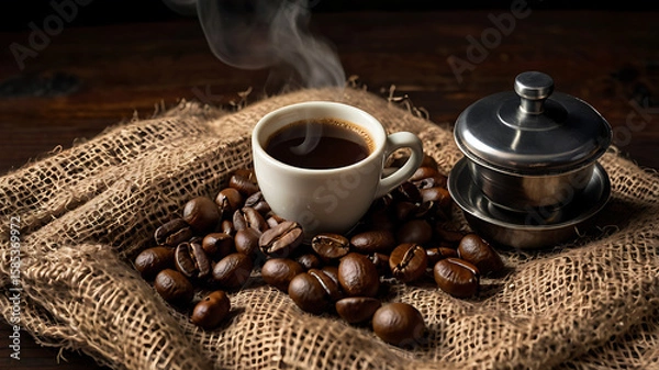 Fototapeta Flat lay or angled shot of steaming coffee with roasted beans and espresso capsules on burlap, with a dark wooden textured background. Rich contrast, earthy tones, and warm lighting. Great for product