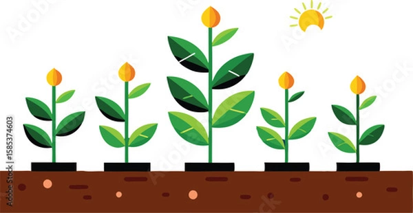 Obraz A illustrations depicting the stages of plant growth, from seed to fully bloomed flower, often with elements of human interaction like watering can