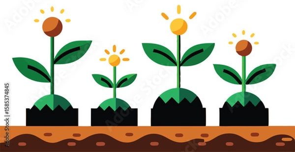 Obraz A illustrations depicting the stages of plant growth, from seed to fully bloomed flower, often with elements of human interaction like watering can