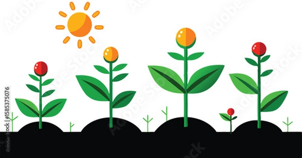 Obraz A illustrations depicting the stages of plant growth, from seed to fully bloomed flower, often with elements of human interaction like watering can