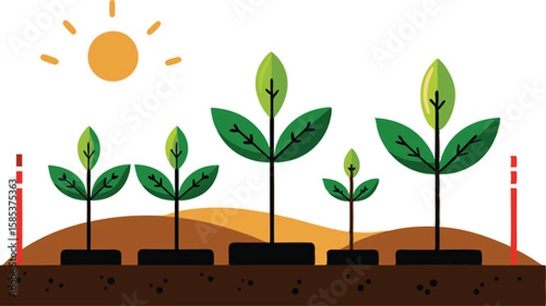 Obraz A illustrations depicting the stages of plant growth, from seed to fully bloomed flower, often with elements of human interaction like watering can