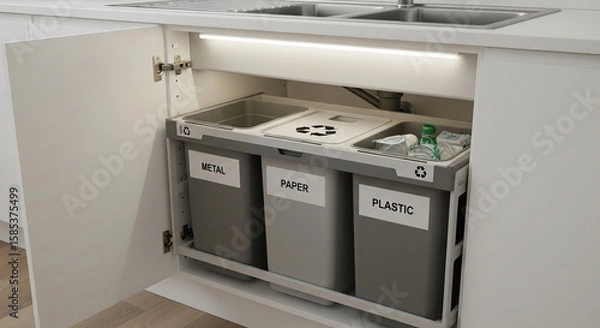 Obraz Illustration of modern kitchen cabinet opens to reveal pullout system with three organized bins for sorting metal, paper, and plastic waste