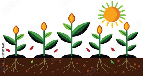 Obraz A illustrations depicting the stages of plant growth, from seed to fully bloomed flower, often with elements of human interaction like watering can