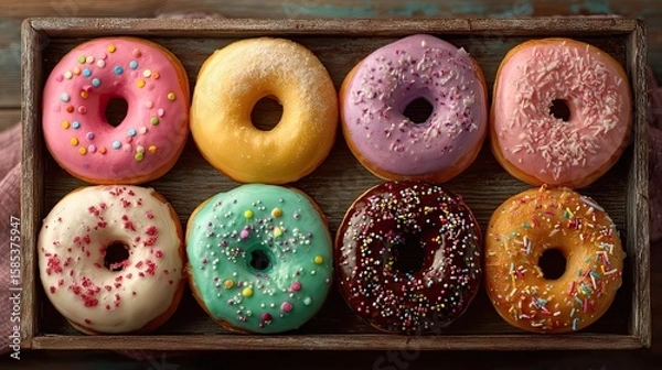 Fototapeta Assorted donuts with colorful sprinkles on tray, sweet dessert variety for bakery display, party or food styling