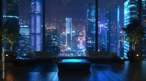 Fototapeta City Skyline at Night: A futuristic living room bathed in the cool blue glow of a digital display, offering a mesmerizing view of a dazzling city skyline at night.