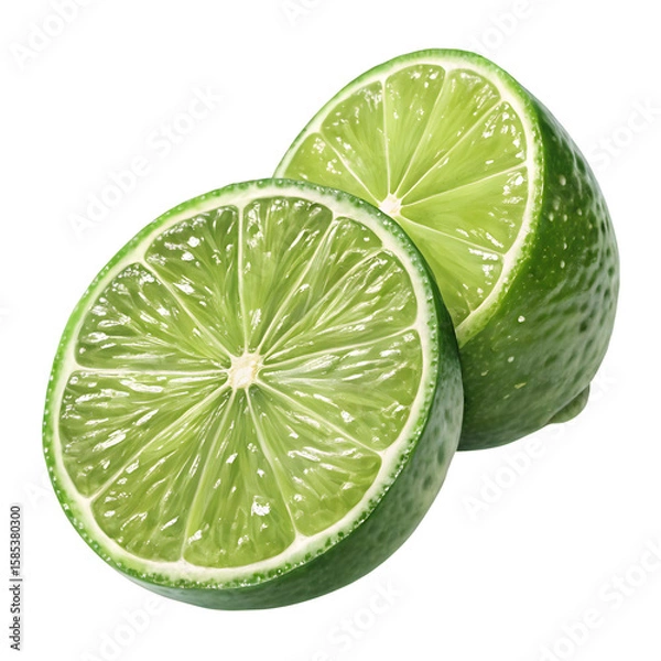 Obraz Fresh Lime Halves and Slice on Transparent Background with Vivid Green Texture, Juicy slice of lime isolated on transparent png. Ai