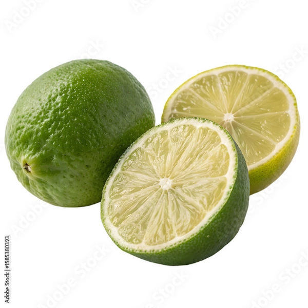 Obraz Whole and Halved Limes on Trasparend PNG Background with Detailed Texture.Juicy slice of lime isolated on transparent png. Ai