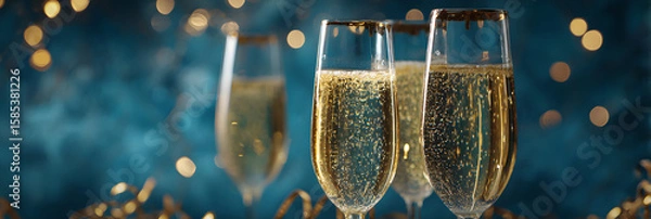 Fototapeta Happy New Year - Champagne Toast Celebration - Goblets With Golden Glittering On Blue Abstract Background With Defocused Bokeh Lights