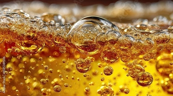 Fototapeta Bubbles in cooking oil closeup with golden texture, frying food concept for culinary background, recipe ad, and design use