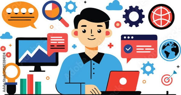 Fototapeta An illustration symbolizing Search Engine Optimization (SEO) with elements like magnifying glasses, charts, gears, and currency, often emphasizing digital marketing and online visibility