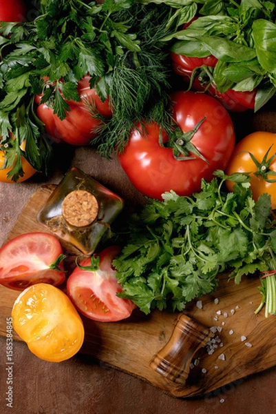Fototapeta Fresh Tomatoes Herbs Wooden Cutting Board