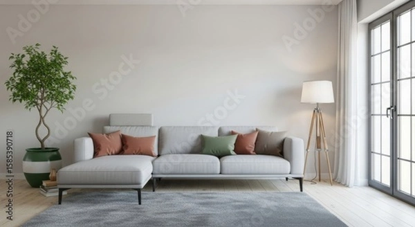Fototapeta Modern living room with a cozy sofa, decorative pillows, and a potted plant by large windows