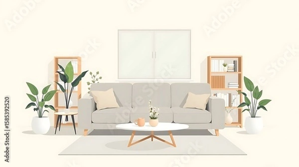 Fototapeta A modern minimalist living room interior with sofa, coffee table, indoor plants, bookshelf, and large window, flat vector style, neutral tones, clean design