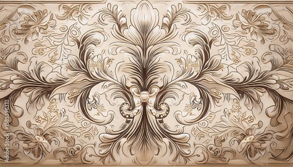 Obraz Sophisticated symmetrical damask design featuring floral and scroll elements in white over light beige background, timeless classic look