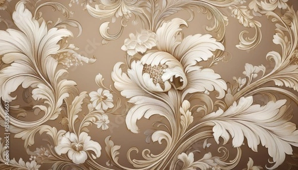 Obraz Elegant damask wallpaper with white floral patterns and swirling vines on light beige background, featuring vintage ornate textures