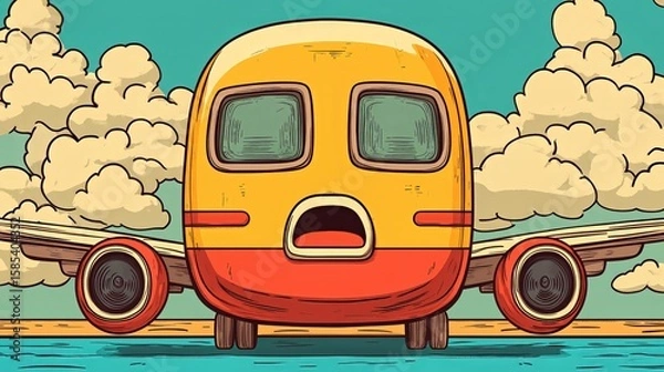 Fototapeta Whimsical airplane with big eyes soaring through a cloudy sky in vibrant colors