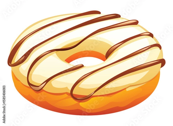 Fototapeta Vanilla flavored donut with white glaze and elegant chocolate drizzle on a white background. Vector cartoon illustration