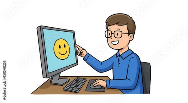 Fototapeta Happy Man Using Computer with Smiley Face on Screen