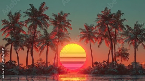 Fototapeta Neon sunset palm silhouettes with tropical beach vibe, glowing retro summer scene for poster, party invite, or background use