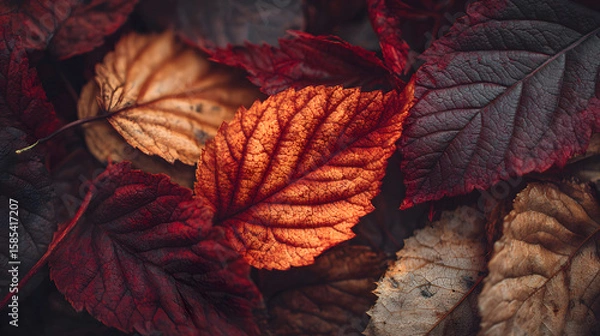 Obraz closeup of vibrant autumn leaves in rich red and orange tones with dry textures and moody lighting