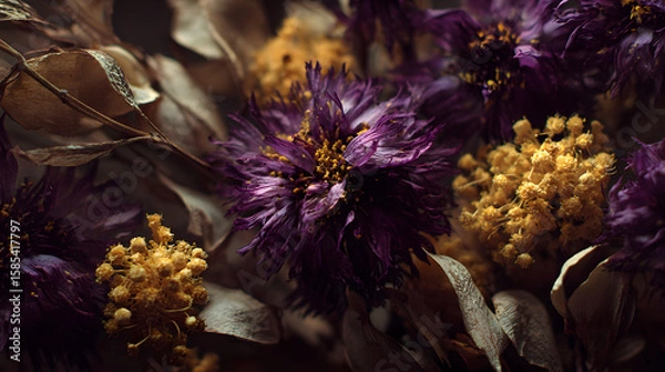 Obraz dried purple and yellow flowers in soft moody light with earthy textures and deep natural tones