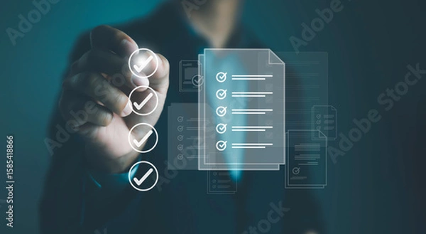 Fototapeta Businessman checklist concept as clipboard document checklist form on the virtual screen Use your hands or a pen to check the correct control gaps and check the quality standards of the work.	
