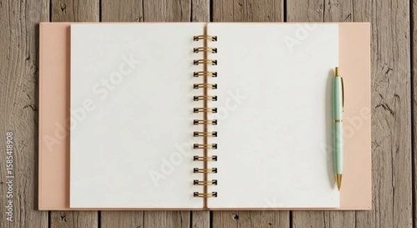 Fototapeta An open blank notebook with a pen rests on a rustic wooden table surface