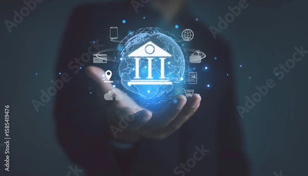 Fototapeta Businessman using smartphone connected to online technology internet network for analytics Growth planning, development, marketing and success strategy for global success organizations.