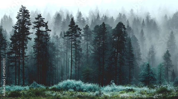 Obraz misty evergreen forest covered in fog with soft emerald tones and atmospheric light in the distance