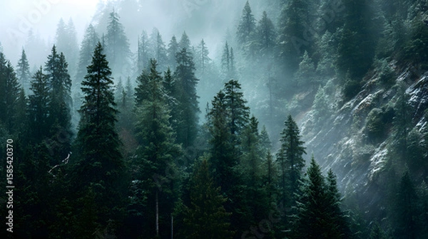 Obraz misty evergreen forest covered in fog with soft emerald tones and atmospheric light in the distance