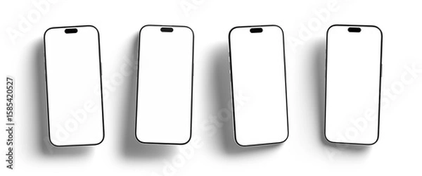 Obraz Smartphone set with blank screen, positioned diagonally, casting shadows on a white background. CGI mobile phone mockup