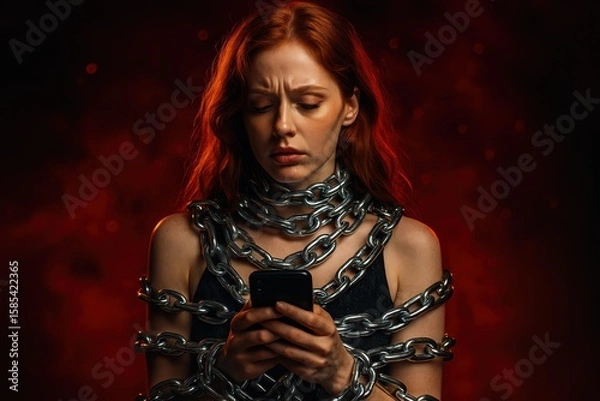 Fototapeta Red-haired woman bound in chains with smartphone. Use for digital wellness, online addiction, or mental health discussions.
