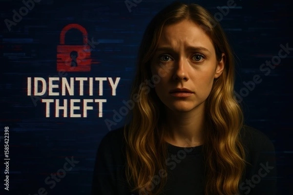Fototapeta Woman’s face glitching beside identity theft warning. Powerful visual for fraud prevention, digital identity, or cybersecurity education.
