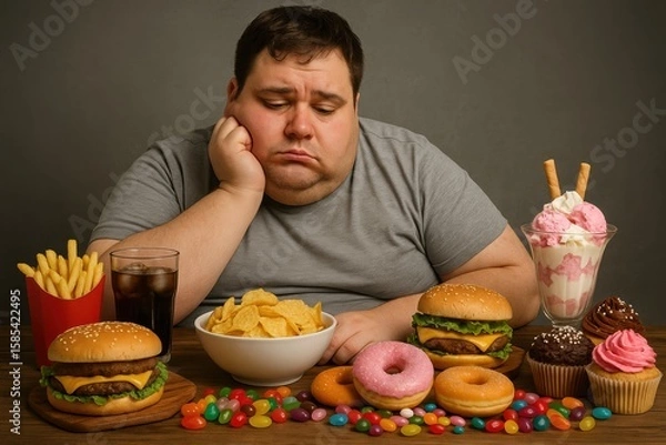 Fototapeta Sad man surrounded by junk food and desserts. Great for emotional eating campaigns, nutrition awareness, or unhealthy lifestyle concepts.
