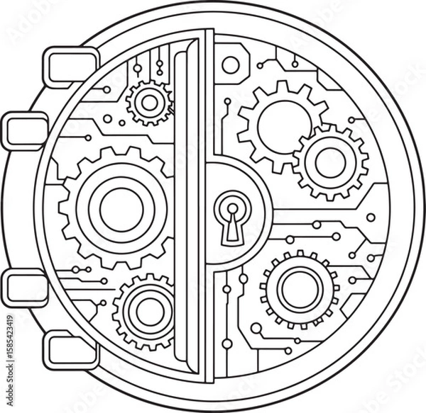 Obraz Futuristic Vault Door with Circuit and Gear Mechanism Vector Illustration, Futuristic Vault Door, Cyber Lock Vector, Steampunk Gear Lock, Secure Vault Illustration, Tech Security Art