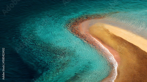 Obraz aerial view of teal ocean waves crashing on soft coral sand creating a vibrant tropical shoreline