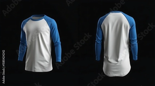 Fototapeta Realistic 3D mockup of white and blue long sleeve raglan t-shirt with front, side, and back views on neutral gray background, perfect for clothing design and branding showcase